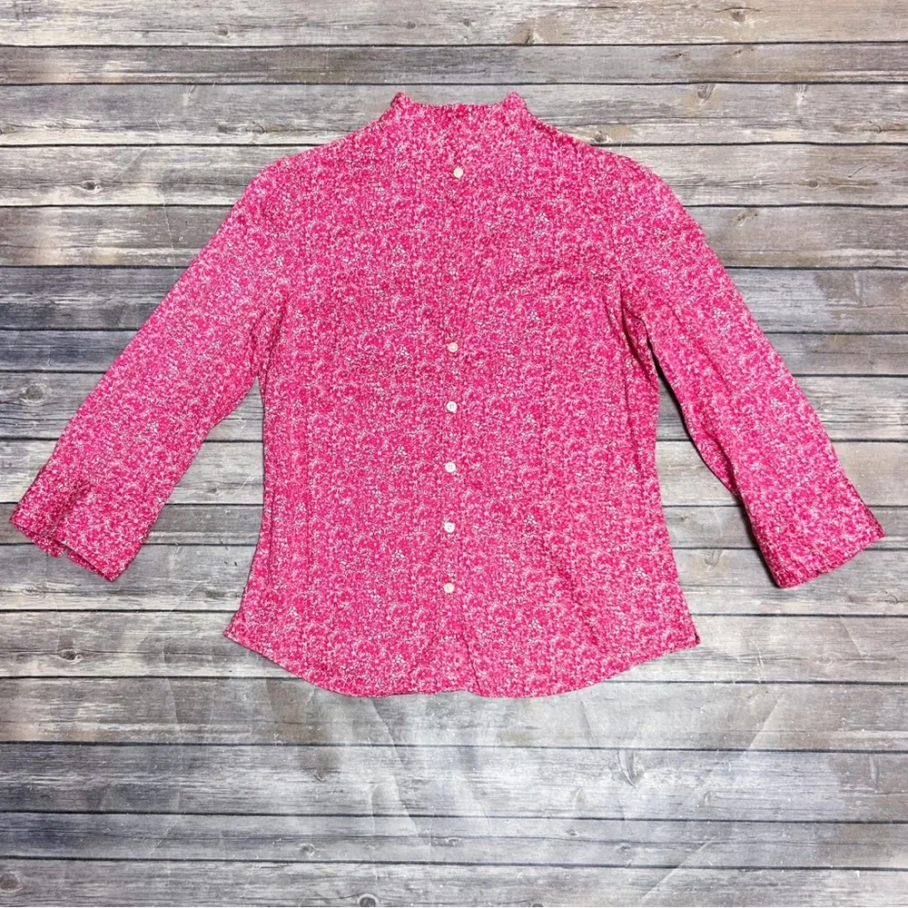 Lilly Pulitzer Pink Ivory Floral High V Neck Collar Button Up 3/4 Sleeve Blouse